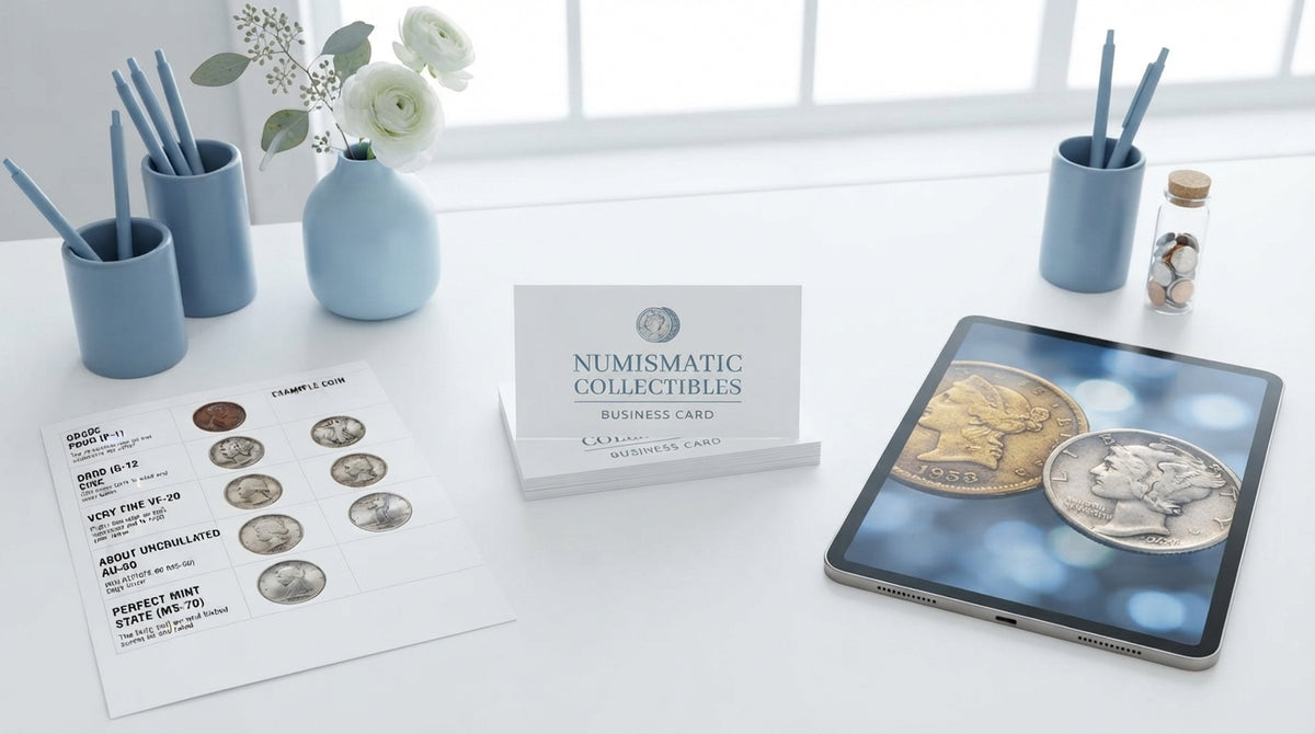 A workspace with business cards, a coin grading chart, and a tablet showing digital wallpaper, styled with blue accents.